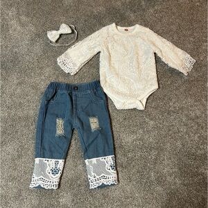Lace Baby Outfit with Denim Pants & Bow